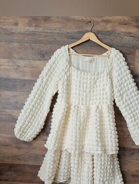 Simply Southern Cream Textured Babydoll Dress S Puff Sleeve